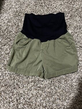 a:glow Olive Green Shorts with Black High-Waist Panel - Maternity